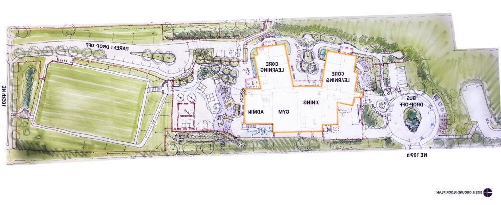 architect's rendering of a site plan with a building in the center, a large green field to the right, and a circular driveway to the left